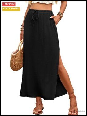 Linen Maxi Skirt with Side Slit Flowy A-Line Long Skirt with Pockets